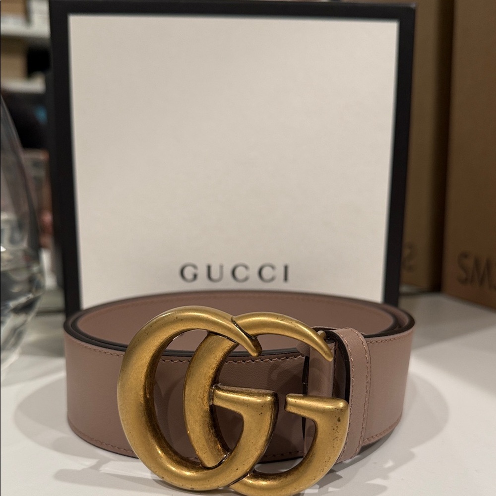 Gucci Women's Taupe Belt with Gold GG Buckle